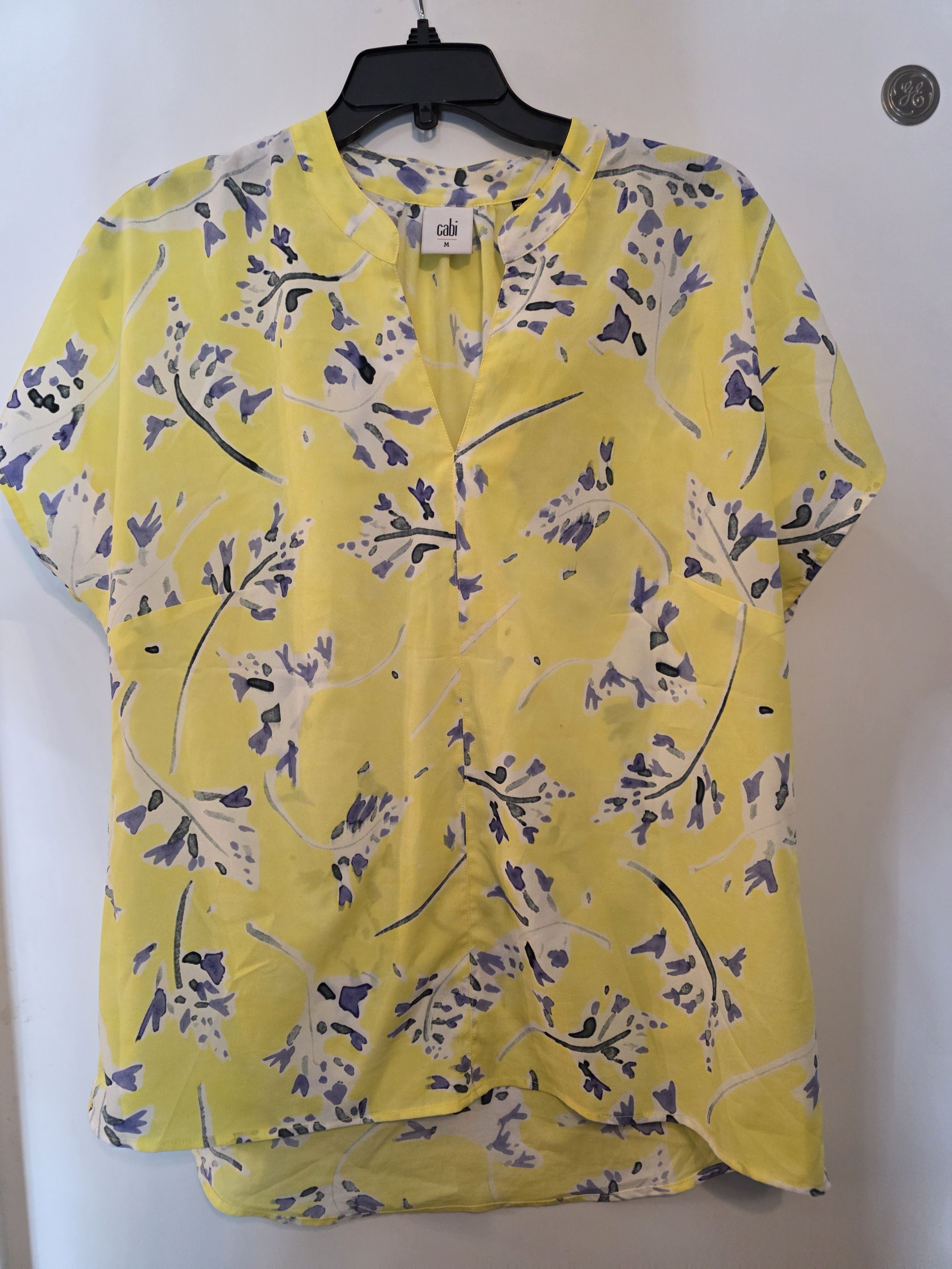 Cabi Womens M Stevie Sunny Days Blouse Split Neck Tunic Yellow Blue Floral 5213